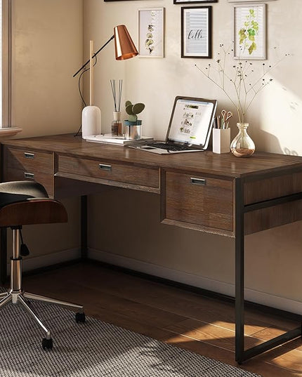 SIMPLIHOME Richmond SOLID WOOD 60 inch Wide Home Office Desk, Writing Table, Workstation, Study Table Furniture in Rustic Natural Aged Brown - LeafyLoom
