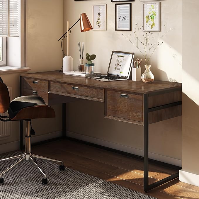SIMPLIHOME Richmond SOLID WOOD 60 inch Wide Home Office Desk, Writing Table, Workstation, Study Table Furniture in Rustic Natural Aged Brown - LeafyLoom