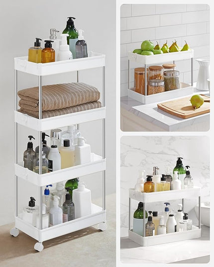 SONGMICS Slim Storage Cart, 4-Tier Rolling Cart, Narrow Utility Cart on Wheels, 6 Hooks, 360° Swivel Wheels, Lockable, Steel Frame, Bathroom, Kitchen, Office, Cloud White UKSC10WT - LeafyLoom