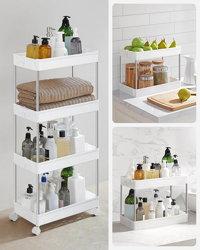SONGMICS Slim Storage Cart, 4-Tier Rolling Cart, Narrow Utility Cart on Wheels, 6 Hooks, 360° Swivel Wheels, Lockable, Steel Frame, Bathroom, Kitchen, Office, Cloud White UKSC10WT - LeafyLoom