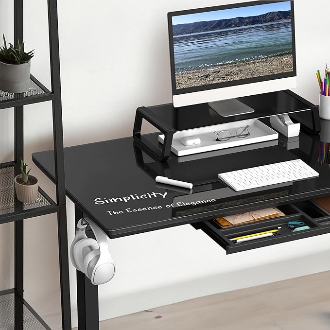 SHW 48-Inch Whole-Piece Glass Electric Height Adjustable Desk with Monitor Riser and Drawer, Black - LeafyLoom