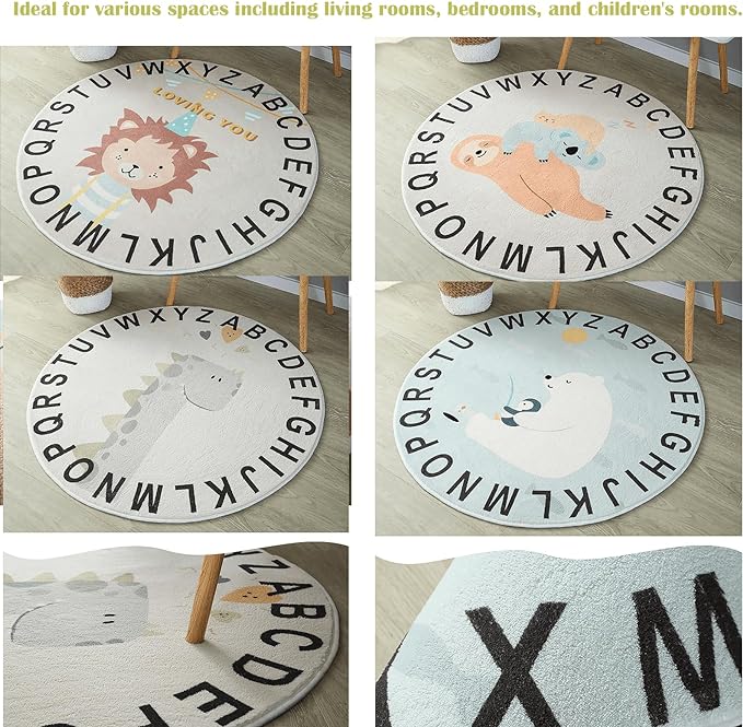 ABC Round Rug for Kids Warm and Soft Alphabet Nursery Animal Area Rugs Fun Rugs for Play Rooms Non-Slip Mats Crawling Mats Decorative Rugs for Bedrooms Living Rooms (Sloth, 39in) - LeafyLoom