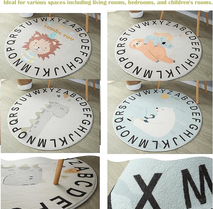 ABC Round Rug for Kids Warm and Soft Alphabet Nursery Animal Area Rugs Fun Rugs for Play Rooms Non-Slip Mats Crawling Mats Decorative Rugs for Bedrooms Living Rooms (Dinosaurs, 78in) - LeafyLoom