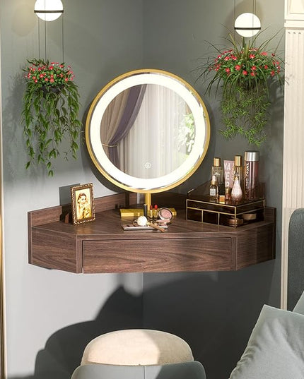 armocity Floating Corner Desk with Outlets & USB Ports, Wall-Mounted Corner Table for Small Space, Triangle Computer Desk with Drawer for Home Office, Vanity Desk, Corner Space, Bedroom, Espresso - LeafyLoom