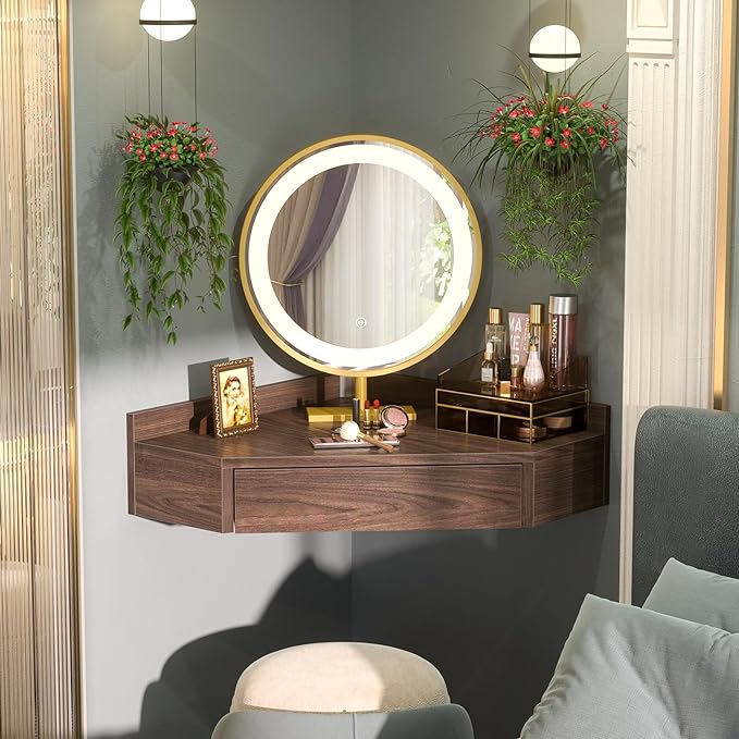armocity Floating Corner Desk with Outlets & USB Ports, Wall-Mounted Corner Table for Small Space, Triangle Computer Desk with Drawer for Home Office, Vanity Desk, Corner Space, Bedroom, Espresso - LeafyLoom