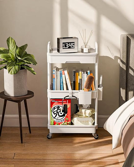3 Tier Small Rolling Cart Organizer,Laundry Room Bathroom Organizers and Storage Office Shelves Mobile Shelving Unit Kitchen Trolley Cart with Wheels for Art,Craft,Diaper,Bedside,Snack(White) - LeafyLoom