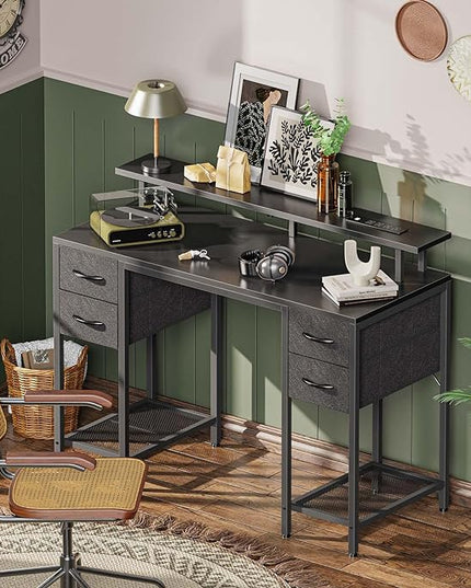 47 inch Computer Desk with 4 Drawers, Gaming Desk with LED Lights & Power Outlets, Home Office Desk with Large Storage Space for Bedroom, Work from Home, Black - LeafyLoom