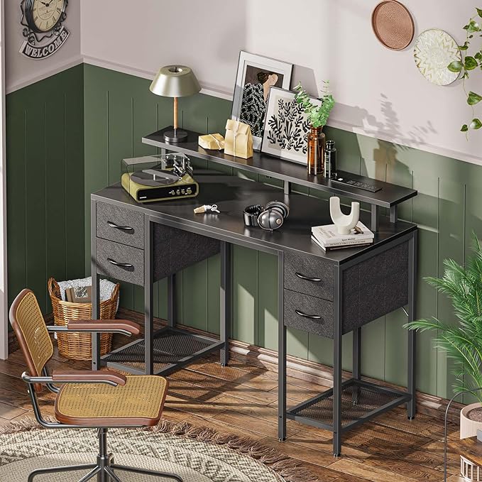 47 inch Computer Desk with 4 Drawers, Gaming Desk with LED Lights & Power Outlets, Home Office Desk with Large Storage Space for Bedroom, Work from Home, Black - LeafyLoom