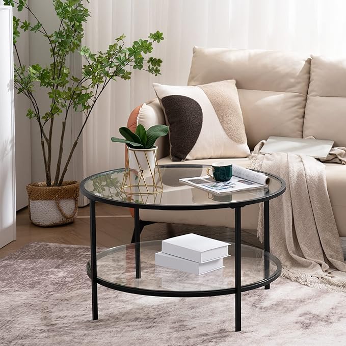 VINGLI Glass Coffee Table,30" Round Coffee Table Black Coffee Tables for Living Room,2-Tier Glass Top Coffee Table with Storage Clear Coffee Table,Simple & Modern Center Table Mesa de Centro Para Sala - LeafyLoom