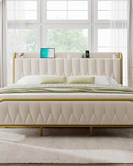 Feonase King Bed Frame with Type-C & USB Ports, Metal Platform Beds, with Velvet Upholstered Headboard & Footboard, 12" Underbed Storage Space, Easy Assembly, Noise-Free, Beige - LeafyLoom