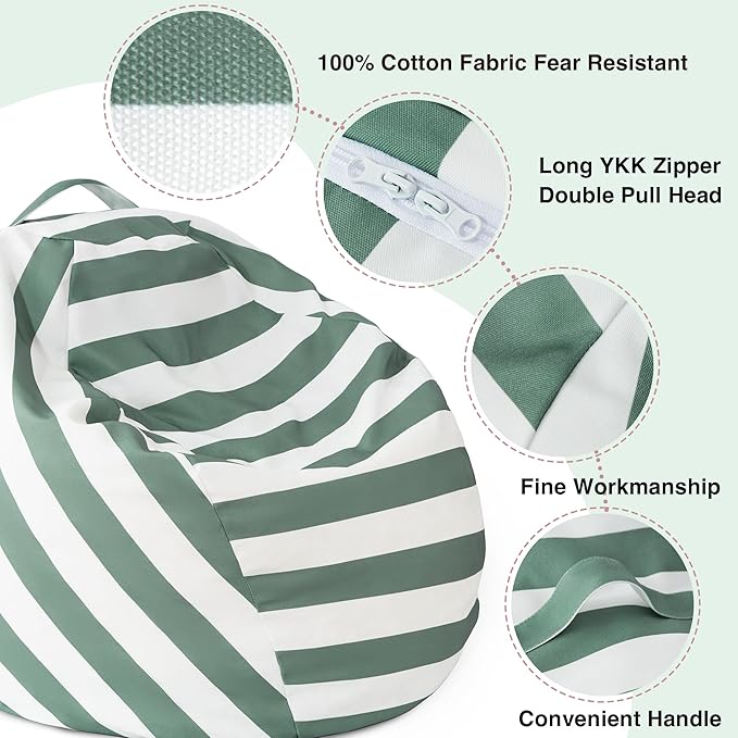 EXQ Home Kids Bean Bag Chairs Cover -Stuffed Animal Bean Bag Storage Green and White Stripes-Zipper Bean Bag for Organizing Children Plush Toys Holiday Gift for Girl,Boys (2XL) - LeafyLoom