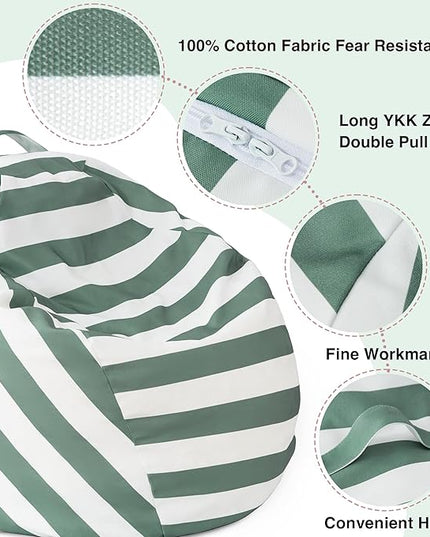 EXQ Home Kids Bean Bag Chairs Cover -Stuffed Animal Bean Bag Storage Green and White Stripes-Zipper Bean Bag for Organizing Children Plush Toys Holiday Gift for Girl,Boys - LeafyLoom