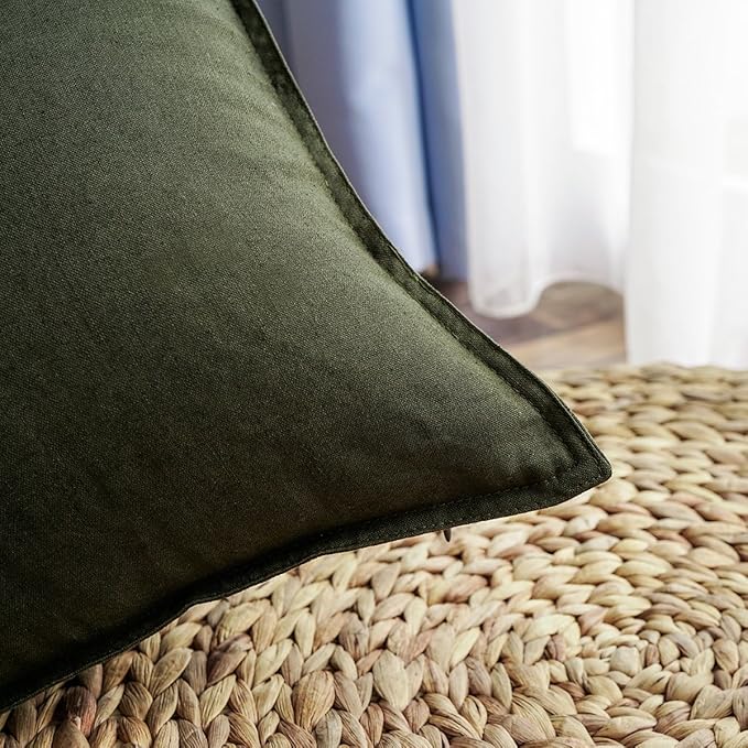 Jeanerlor Pack of 2 24 x 24 Inch Cotton Linen Soft Soild Decorative Square Throw Pillow Covers Green Cushion Case Set for Bedroom/Sofa/Car 60 x 60cm,Olive Green - LeafyLoom