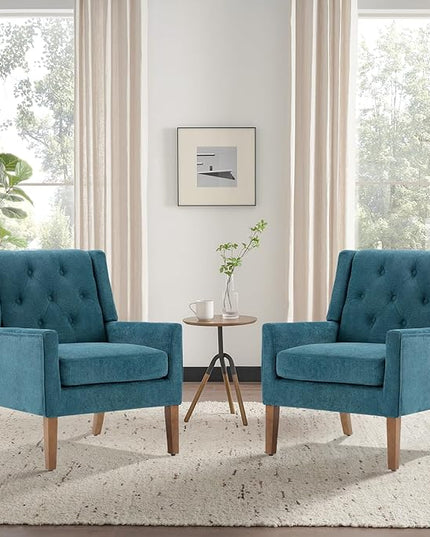 COLAMY Mid-Century Accent Chairs, Modern Wingback Living Room Chair, Upholstered Armchair with Button Tufted Back and Wood Legs for Bedroom/Office/Reading Spaces, Teal - LeafyLoom