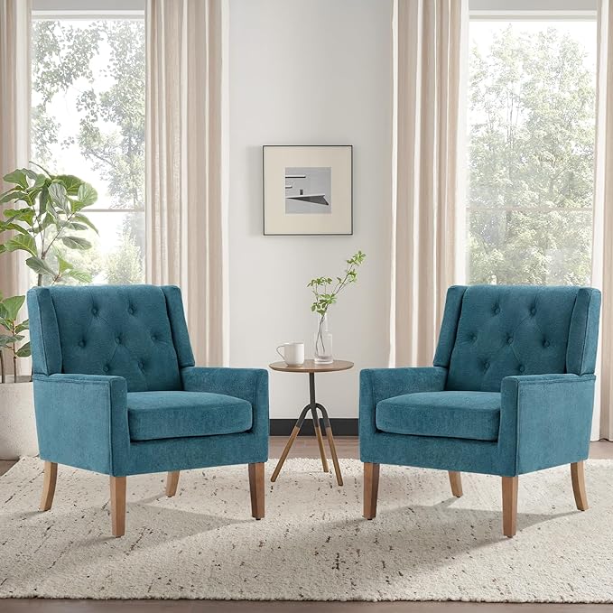 COLAMY Mid-Century Accent Chairs, Modern Wingback Living Room Chair, Upholstered Armchair with Button Tufted Back and Wood Legs for Bedroom/Office/Reading Spaces, Teal - LeafyLoom