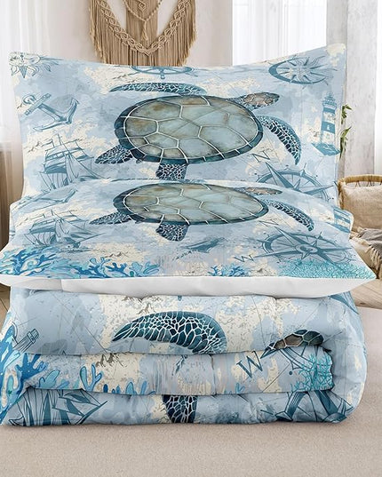 NINENINE Sea Turtle Comforter Set Twin Size for Kids Girls Boys,Ocean Themed Turtle Printed Aqua Blue Bedding Coral Sailboat Bed Set with 1 Comforter 1Pillowcase… - LeafyLoom