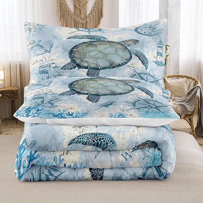 NINENINE Sea Turtle Comforter Set Twin Size for Kids Girls Boys,Ocean Themed Turtle Printed Aqua Blue Bedding Coral Sailboat Bed Set with 1 Comforter 1Pillowcase… - LeafyLoom
