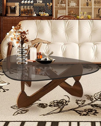Triangle Coffee Table Glass Coffee Table for Living Room Clear Glass Coffee Table with Solid Wood Base Mid Century Modern Coffee Table for Small Spaces (Walnut-Gray, 35.8in) - LeafyLoom