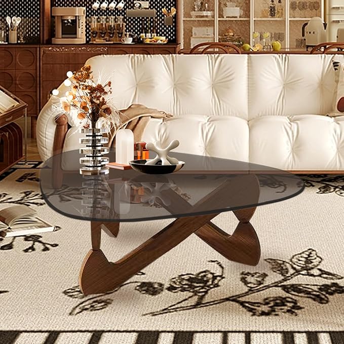 Triangle Coffee Table Glass Coffee Table for Living Room Clear Glass Coffee Table with Solid Wood Base Mid Century Modern Coffee Table for Small Spaces (Walnut-Gray, 32.3in) - LeafyLoom