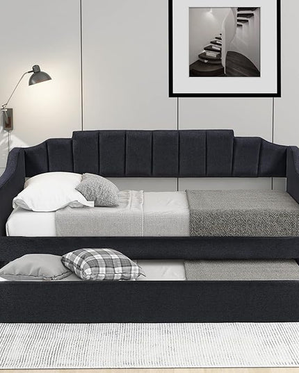 Moden Upholstered Twin Daybed with Trundle, Twin Size Sofa Bed Wood Bed Frame for Bedroom Living Room, No Box Spring Needed, Black - LeafyLoom