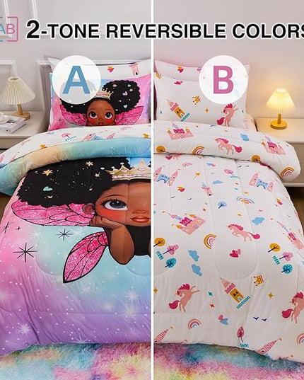 A Nice Night Black Girl Princess with Wings Comforter Set,Pink Gradient Glitter Rainbow Galaxy 6pcs Kids Bedding Set,Twin - LeafyLoom