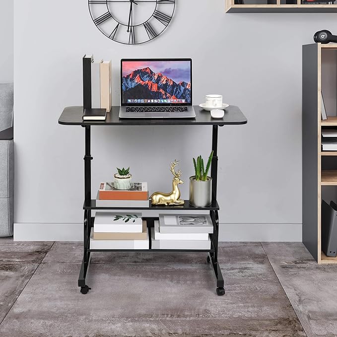 Adjustable Home Office Desk Portable Study Computer Rolling Desk for Small Spaces Movable Sofa Side Table on Wheels Student Small Laptop Desk with Storage Black Size 31x16 Inch - LeafyLoom