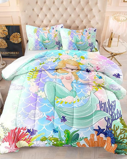 CVHOUSE Mermaid Comforter Set,Ocean Sea Mermaid Bedding Set for Girls Kids Teens,Mermaid Comforter Butterflies Duvet Set Room Decor Quilt Set Twin Size - LeafyLoom