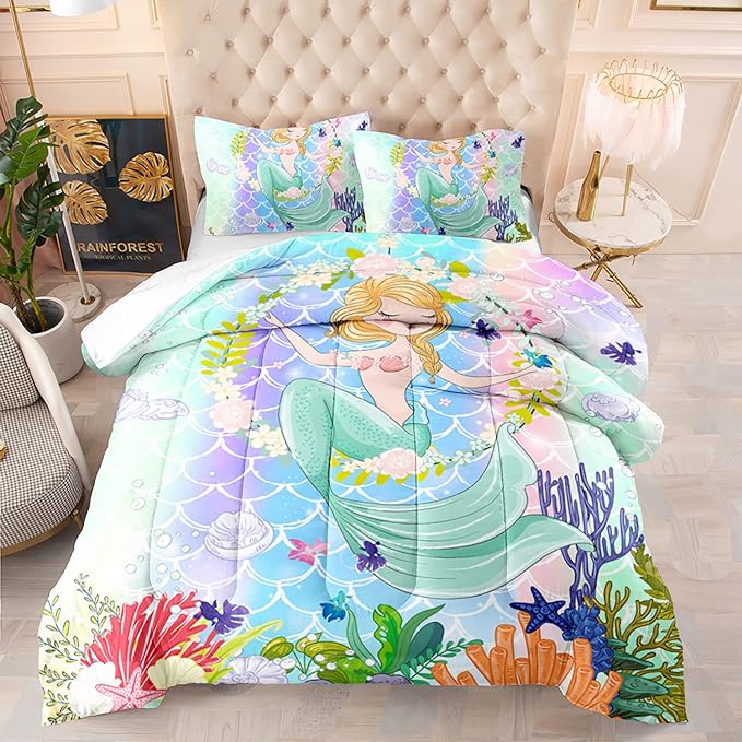CVHOUSE Mermaid Comforter Set,Ocean Sea Mermaid Bedding Set for Girls Kids Teens,Mermaid Comforter Butterflies Duvet Set Room Decor Quilt Set Twin Size - LeafyLoom