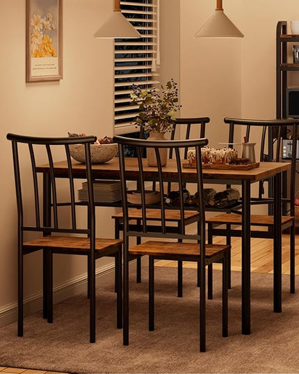 Dining Table Set for 4, Kitchen Table and Chairs for 4, Rectangular Dining Room Table Set with Wine Rack, 5 Piece Dining Table Set for Small Space, Apartment, Rustic Brown - LeafyLoom