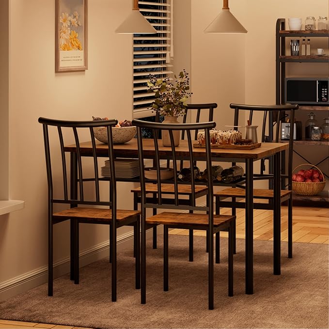 Dining Table Set for 4, Kitchen Table and Chairs for 4, Rectangular Dining Room Table Set with Wine Rack, 5 Piece Dining Table Set for Small Space, Apartment, Rustic Brown - LeafyLoom