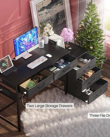 Computer Desk with 5 Drawers, Reversible Office Desk with Power Outlets and USB Charging Ports, Sturdy Writing Table with File Cabinet and Printer Stand, Laptop Desk for Small Spaces, Black - LeafyLoom