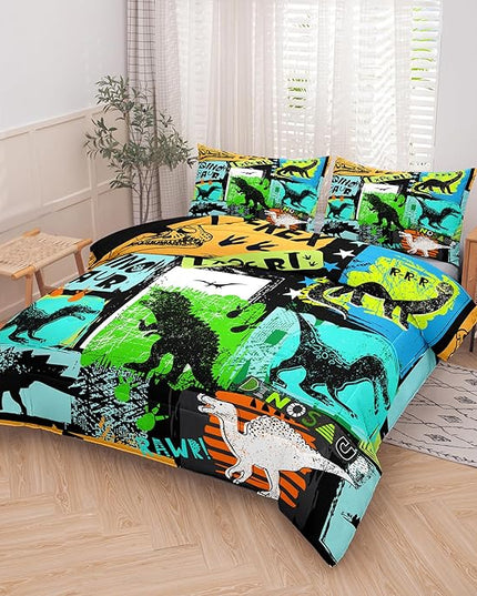 NINENINE Dinosaur Bedding Sets,Watercolor Dinosaur Comforter Set for boys kids,Full Size Comforter Sets for Kids,Colorful Plaid Bedding Set with 1 Comforter 2 Pillowcases… - LeafyLoom