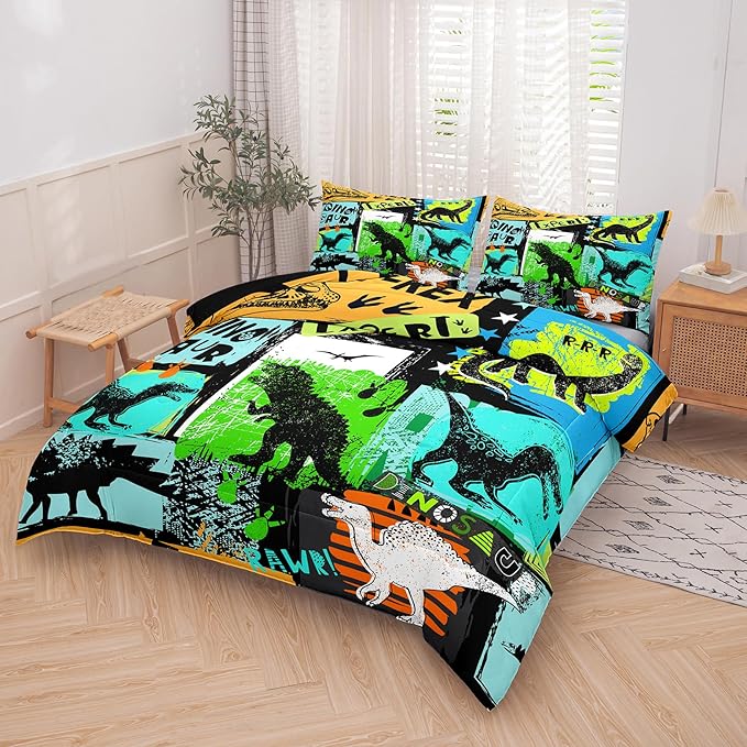 NINENINE Dinosaur Bedding Sets for Kids,Watercolor Dinosaur Comforter Set,Twin Size Bedding Sets for Kids,Colorful Plaid Bedding Set with 1 Comforter 1 Pillowcase… - LeafyLoom