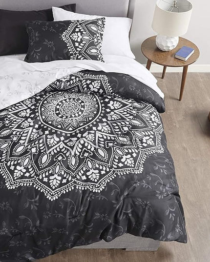 Comfort Spaces Bed in A Bag - Trendy Casual Design Cozy Comforter with Complete Sheet Set with Side Pocket, All Season Cover, Matching Shams, Twin XL (66 in x 90 in), Ava Medallion Black 6 Piece - LeafyLoom