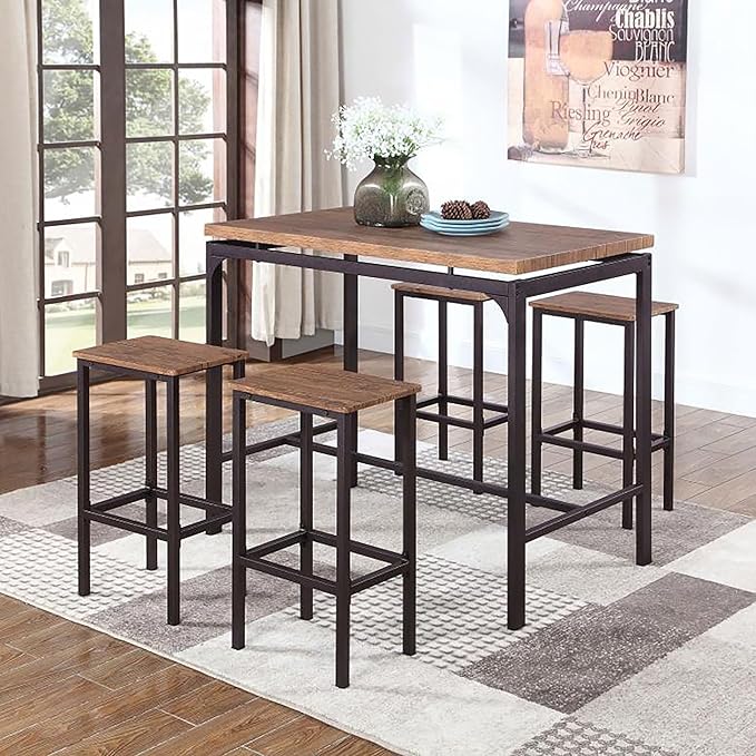 NicBex Dining Table Set for 4 Counter Height Dining Table Set 5 Piece Dining Table Set Bar Table with 4 Bar Chairs for Kitchen Breakfast Table, Bar, Banquet Hall, Chestnut - LeafyLoom