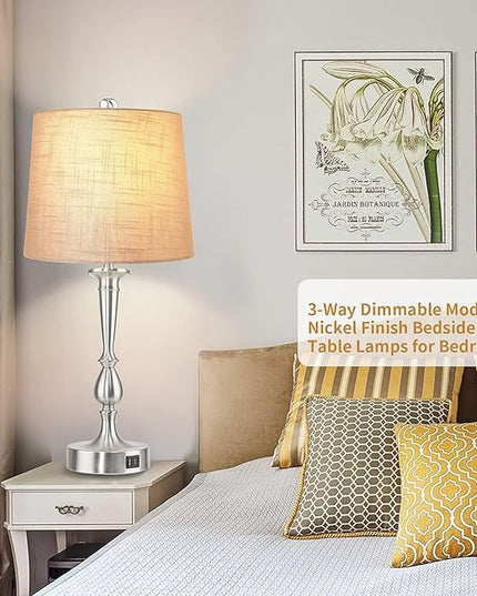 PARTPHONER Set of 2 Touch Control Table Lamp with Dual USB Charging Ports Desk Lamps, 3-Way Dimmable Modern Nickel Finish Bedside Large Table Lamps for Living Room, Bedroom - LeafyLoom
