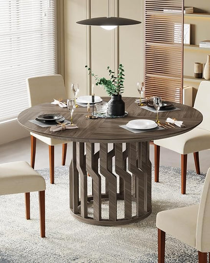 Round Dining Table for 4-6 People, 47-Inch Gray Dining Room Table, All-Wood Design Circle Kitchen Table with Strong Pedestal Base, Modern Dinner Table for Dining Room - LeafyLoom