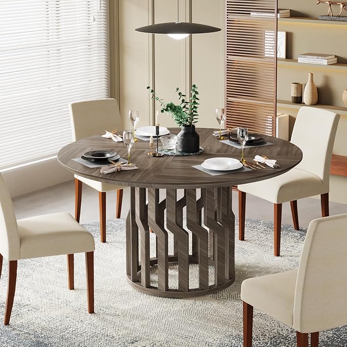 Round Dining Table for 4-6 People, 47-Inch Gray Dining Room Table, All-Wood Design Circle Kitchen Table with Strong Pedestal Base, Modern Dinner Table for Dining Room - LeafyLoom