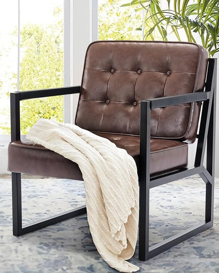 COLAMY Mid Century Modern Accent Chair, Comfy Living Room Chairs, Brown Leather Accent Chair, Faux Leather Reception Armchair with Metal Legs for Living Room Bedroom Reception Waiting Room, Brown - LeafyLoom