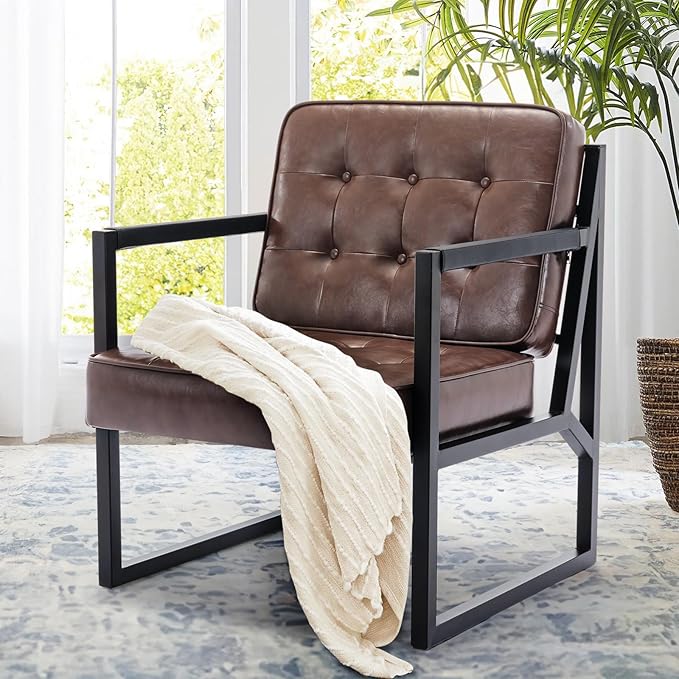 COLAMY Mid Century Modern Accent Chair, Comfy Living Room Chairs, Brown Leather Accent Chair, Faux Leather Reception Armchair with Metal Legs for Living Room Bedroom Reception Waiting Room, Brown - LeafyLoom