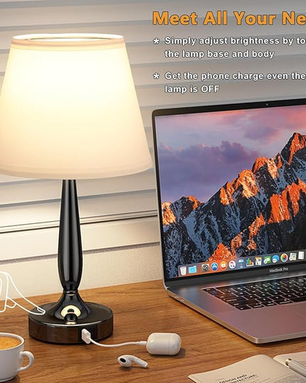Kakanuo Touch Bedside Lamp for Bedroom with USB C Port, Small Touch Table Lamp with 2 USB Charging Ports, 3 Way Dimmable Nightstand Lamp for Living Room and Office - White (LED Bulb Included) - LeafyLoom