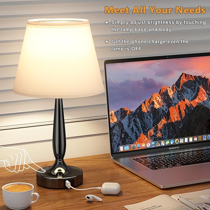 Kakanuo Touch Bedside Lamp for Bedroom with USB C Port, Small Touch Table Lamp with 2 USB Charging Ports, 3 Way Dimmable Nightstand Lamp for Living Room and Office - White (LED Bulb Included) - LeafyLoom