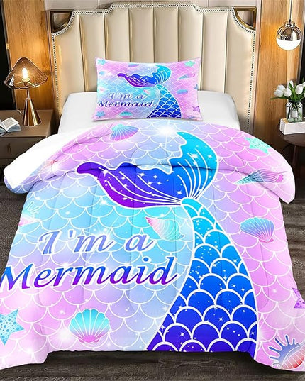 Twin Mermaid Bedding Sets for Girls Pink Mermaid Twin Comforter Set for Girls Soft Breathable Microfiber Mermaid Skin Surface Scales Quilt with Pillowcase Ocean Life Mermaid Bedroom Decor, 2Pcs - LeafyLoom