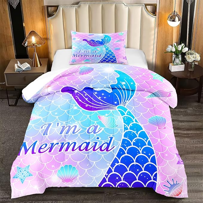 Twin Mermaid Bedding Sets for Girls Pink Mermaid Twin Comforter Set for Girls Soft Breathable Microfiber Mermaid Skin Surface Scales Quilt with Pillowcase Ocean Life Mermaid Bedroom Decor, 2Pcs - LeafyLoom