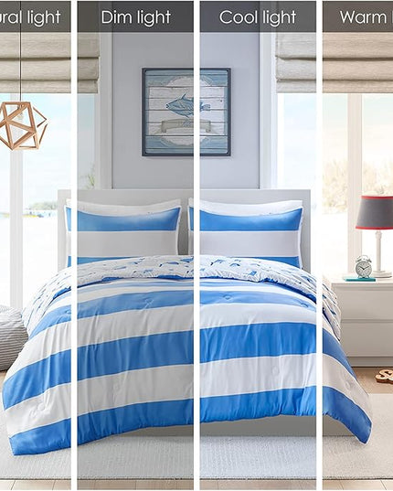Mizone Kids Blake Reversible Dolphin Comforter Set - Adventure Animal Adorable Print with Stripe Reverse, Fun Bedroom Décor, Modern All Season Kids Bedding, Matching Sham, Full/Queen, Blue 3 Piece - LeafyLoom