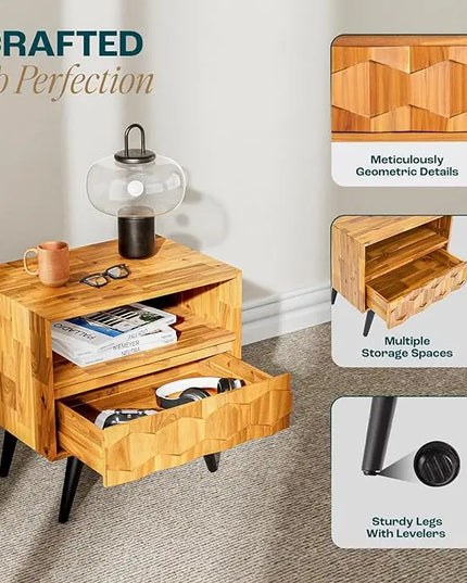 Bme Georgina Solid Wood Coffee Tables & Nightstands with Geometric Details, 2 Drawers - LeafyLoom