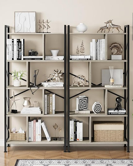 5 Tier Bookshelf with Storage, 61 Inch Tall Industrial Book Shelf with Open Display Bookshelves, 5 Shelf Bookcase with Metal Frame for Living Room, Bedroom and Home Office-Grey - LeafyLoom