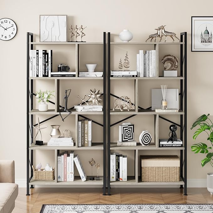 5 Tier Bookshelf with Storage, 61 Inch Tall Industrial Book Shelf with Open Display Bookshelves, 5 Shelf Bookcase with Metal Frame for Living Room, Bedroom and Home Office-Grey - LeafyLoom