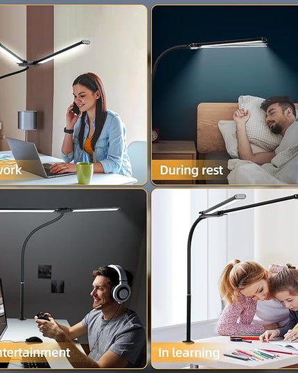 CANMEIJIA LED Desk Lamp for Home Office - Upgrade Dual Head Architect Task Lamps with Clamp & Adatper, 50 Lighting Modes Monitor Light Bar, Adjustable Gooseneck Desk Light for Work Drafting Study - LeafyLoom