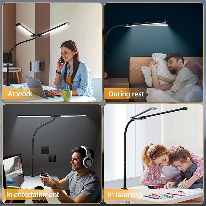 CANMEIJIA LED Desk Lamp for Home Office - Upgrade Dual Head Architect Task Lamps with Clamp & Adatper, 50 Lighting Modes Monitor Light Bar, Adjustable Gooseneck Desk Light for Work Drafting Study - LeafyLoom